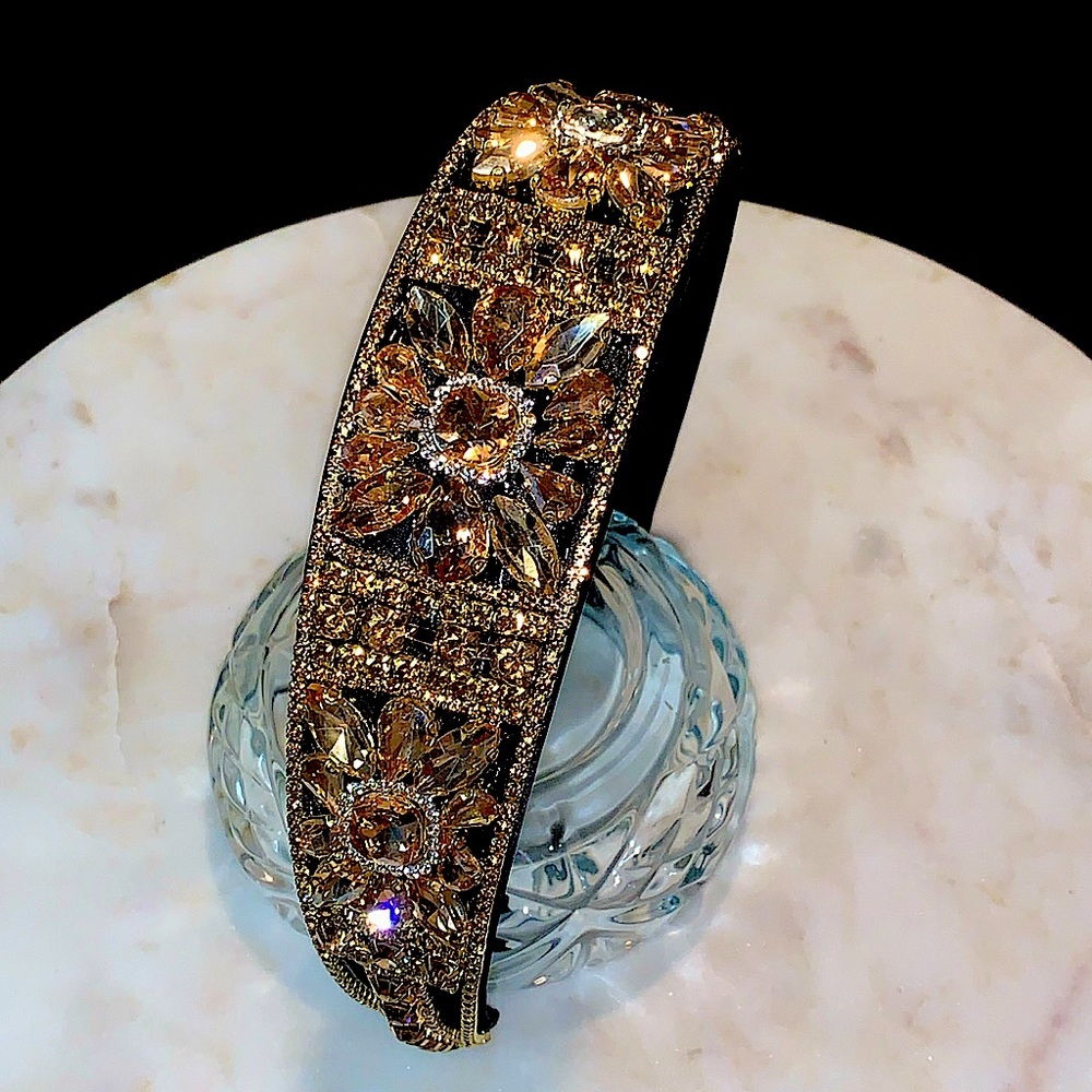 HEAD BAND GOLD RHINESTONES BLACK SUEDE NEW HAIR ACCESSORIES GLAM GLASS 1 1/2 IN